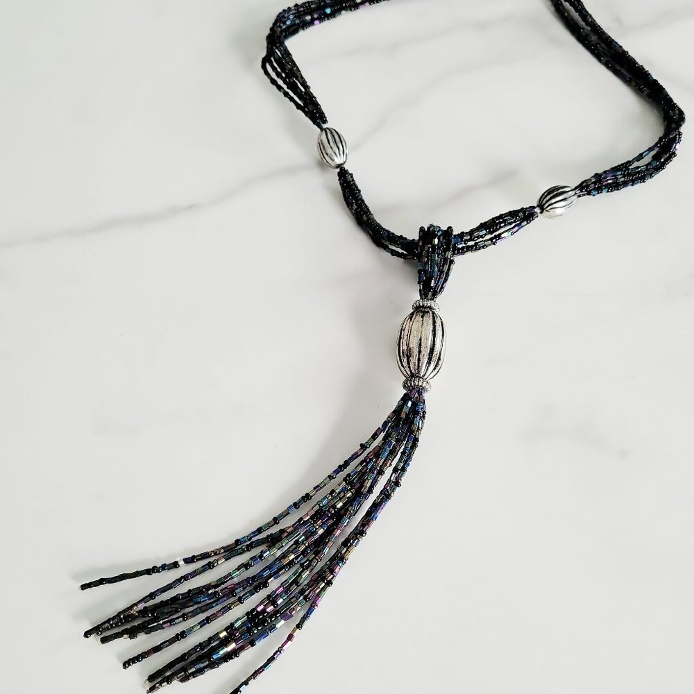 💕 Black Beaded Tassel Necklace Iridescent Multi Strand Statement Silver Tone
